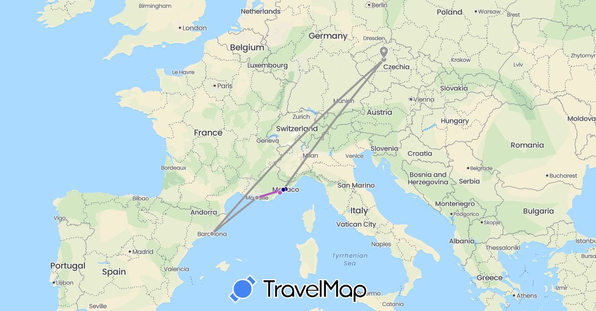 TravelMap itinerary: driving, plane, train in Czech Republic, Spain, France, Monaco (Europe)